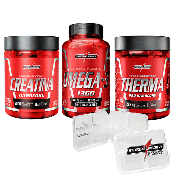 Promopack Creatina Hardcore 120 caps + Ômega 3 120 caps + Therma Pro 120 caps + Porta Cápsulas