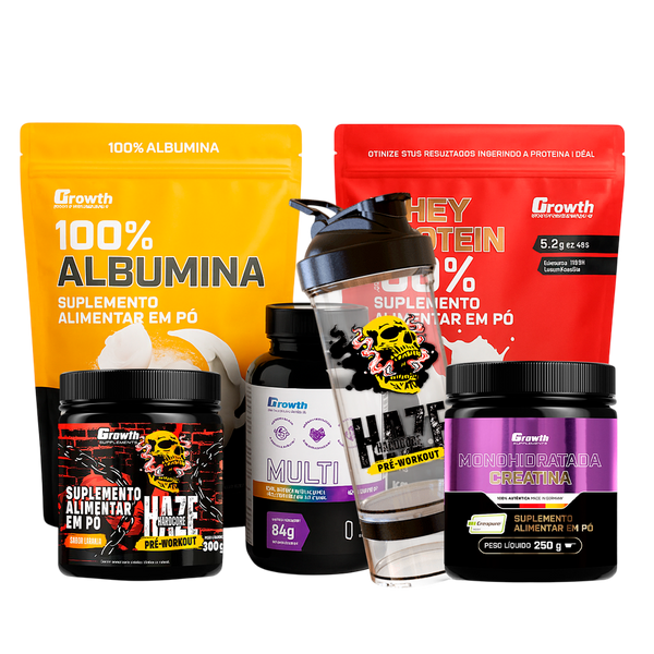 KIT COMPLETO DE SUPLEMENTOS - GROWTH (Albumina 1KG - Whey Protein 1KG - Pré-Workout 300G - Multi Vitaminas 120caps - Creatina 250G - Coqueteleira 1L)